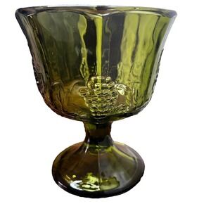 Vintage Indian Glass Harvest Grape Footed Compote Green Candy Dish 6.5" Boho MCM